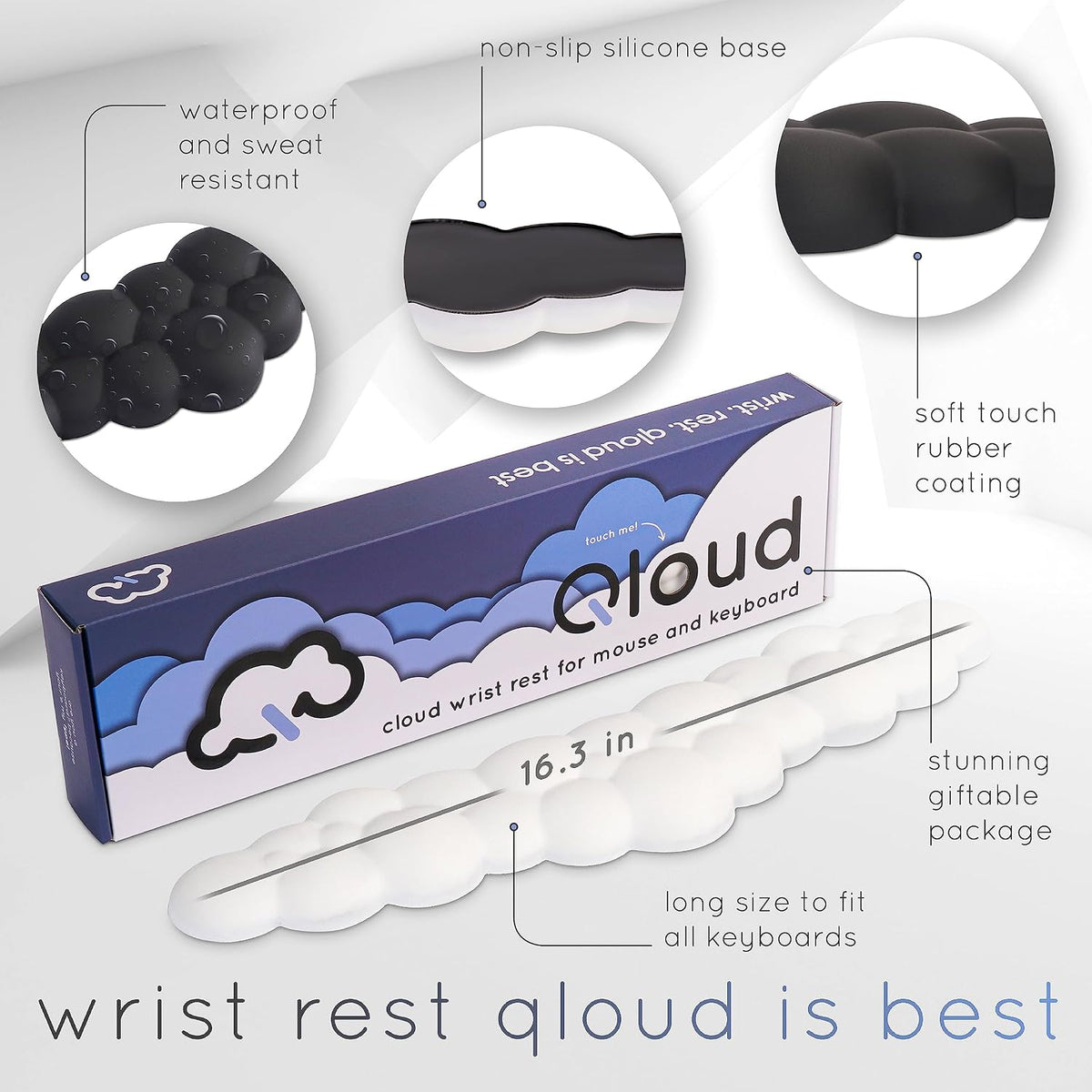 Cloud Keyboard Wrist Rest – Qloud Cloud Wrist Rest for Computer Keyboard and Mouse, Ergonomic Memory Foam Wrist Pad with Non-Slip Base, Includes Cloud Mouse Pad – White
