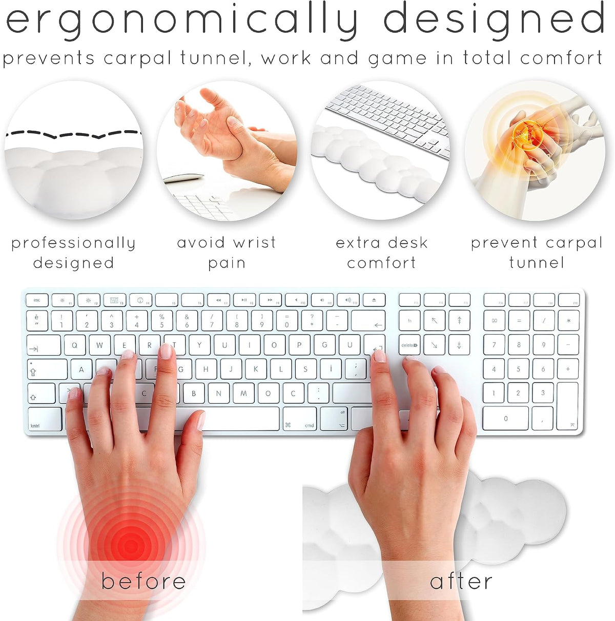 Cloud Keyboard Wrist Rest – Qloud Cloud Wrist Rest for Computer Keyboard and Mouse, Ergonomic Memory Foam Wrist Pad with Non-Slip Base, Includes Cloud Mouse Pad – White