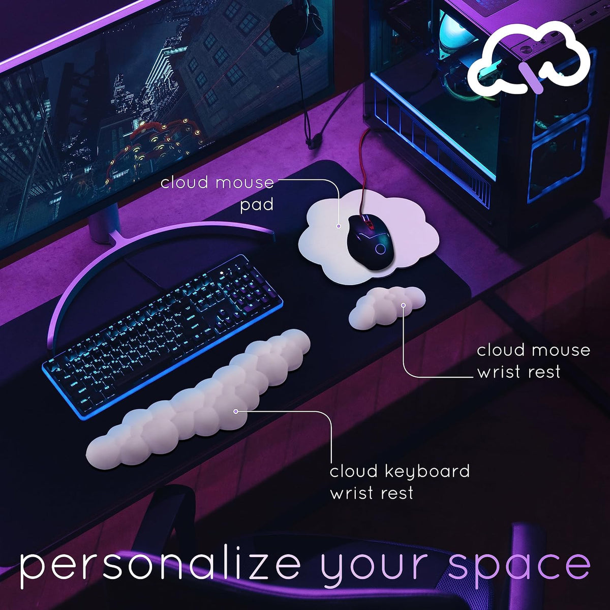 Cloud Keyboard Wrist Rest – Qloud Cloud Wrist Rest for Computer Keyboard and Mouse, Ergonomic Memory Foam Wrist Pad with Non-Slip Base, Includes Cloud Mouse Pad – White