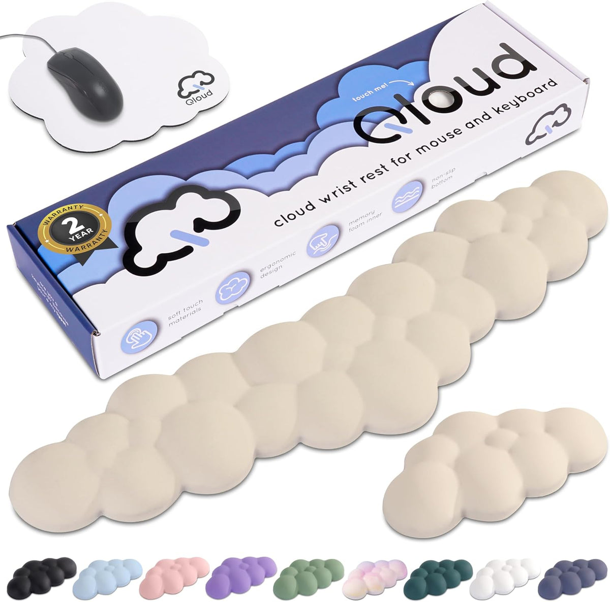 Cloud Keyboard Wrist Rest – Qloud Cloud Wrist Rest for Computer Keyboard and Mouse, Ergonomic Memory Foam Wrist Pad with Non-Slip Base, Includes Cloud Mouse Pad – White