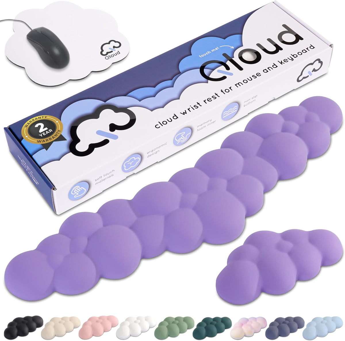 Cloud Keyboard Wrist Rest – Qloud Cloud Wrist Rest for Computer Keyboard and Mouse, Ergonomic Memory Foam Wrist Pad with Non-Slip Base, Includes Cloud Mouse Pad – White