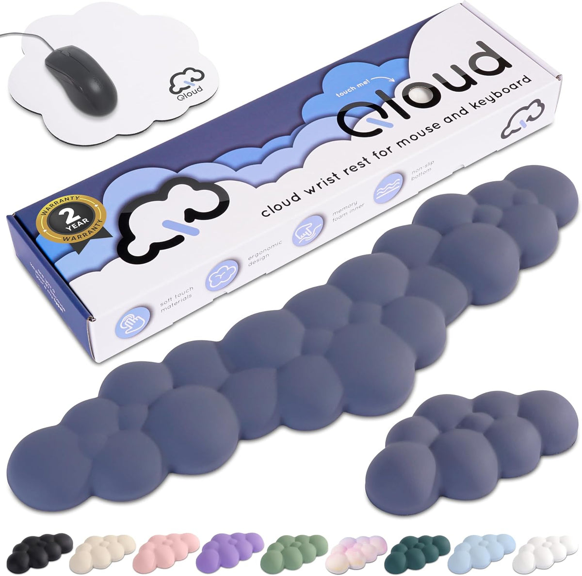 Cloud Keyboard Wrist Rest – Qloud Cloud Wrist Rest for Computer Keyboard and Mouse, Ergonomic Memory Foam Wrist Pad with Non-Slip Base, Includes Cloud Mouse Pad – White