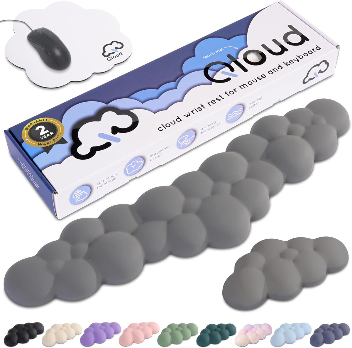 Cloud Keyboard Wrist Rest – Qloud Cloud Wrist Rest for Computer Keyboard and Mouse, Ergonomic Memory Foam Wrist Pad with Non-Slip Base, Includes Cloud Mouse Pad – White