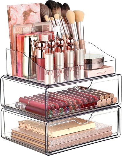3 Tier Clear Makeup Organizer with 2 Drawers
