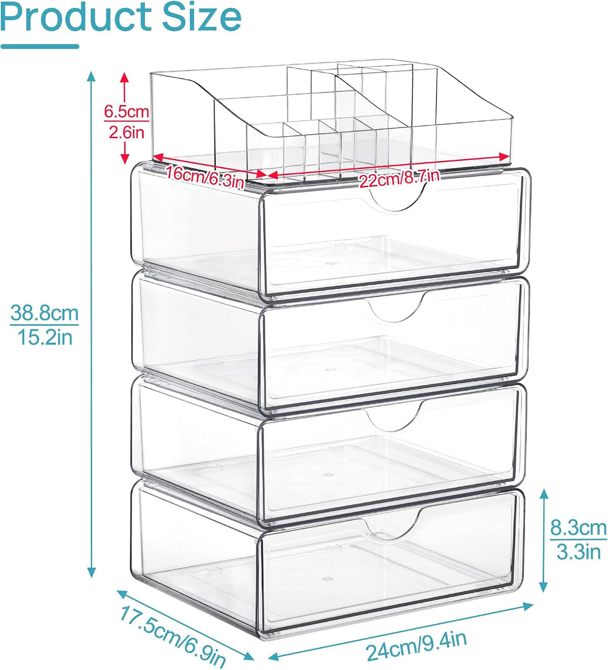 3 Tier Clear Makeup Organizer with 2 Drawers