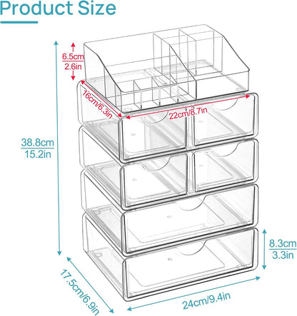 3 Tier Clear Makeup Organizer with 2 Drawers