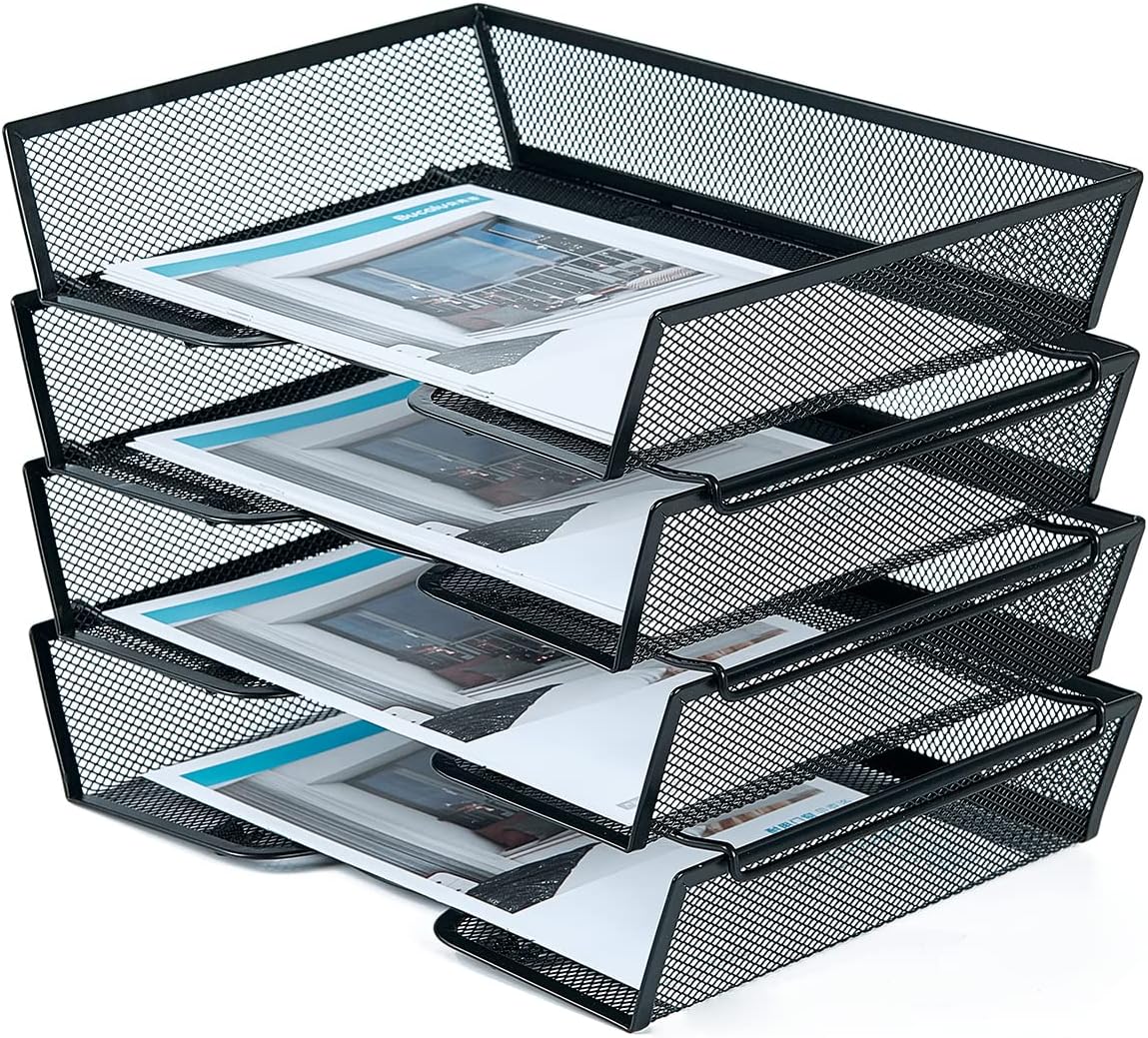 4 Tier Metal Letter Tray Desk Organizer-Stackable Paper Tray,Black