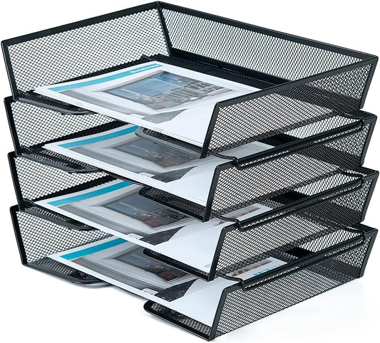 4 Tier Metal Letter Tray Desk Organizer-Stackable Paper Tray,Black
