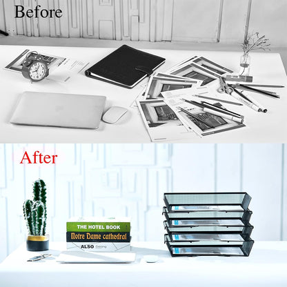 4 Tier Metal Letter Tray Desk Organizer-Stackable Paper Tray,Black