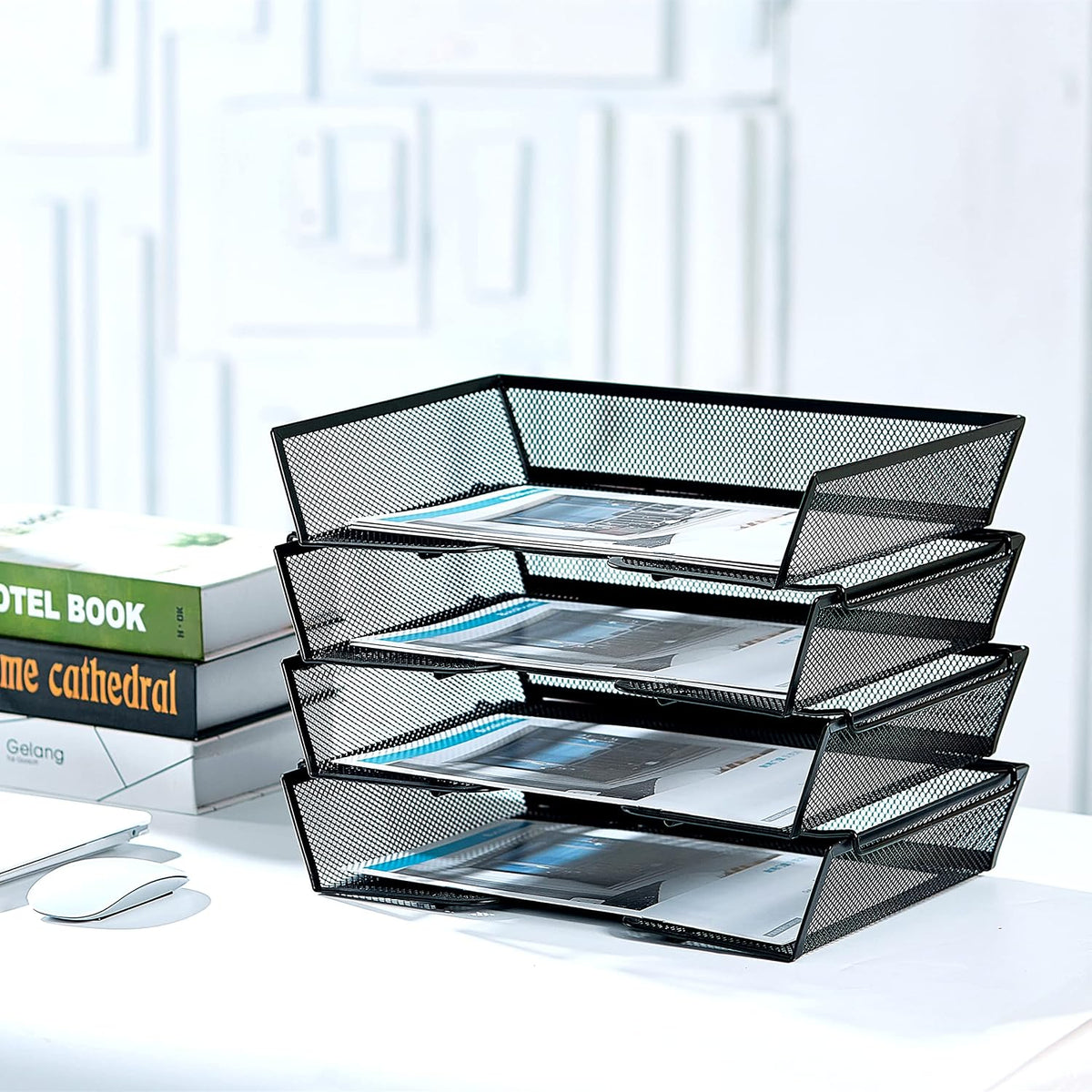 4 Tier Metal Letter Tray Desk Organizer-Stackable Paper Tray,Black