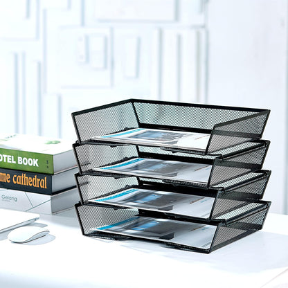 4 Tier Metal Letter Tray Desk Organizer-Stackable Paper Tray,Black
