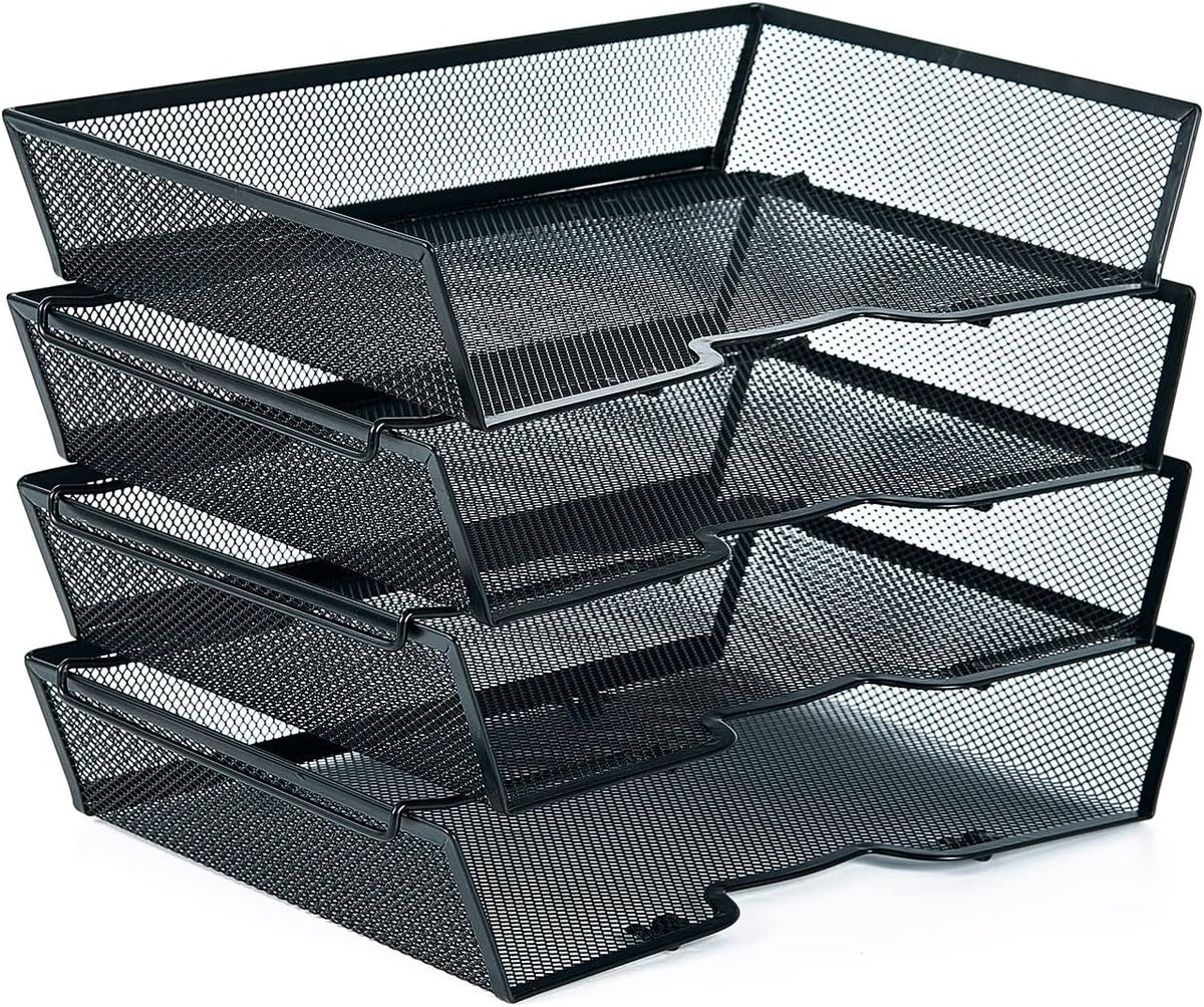 4 Tier Metal Letter Tray Desk Organizer-Stackable Paper Tray,Black