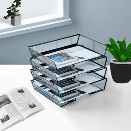 4 Tier Metal Letter Tray Desk Organizer-Stackable Paper Tray,Black