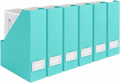 Set of 6 Aqua Magazine File Holders | Foldable Magazine Storage Boxes with White Leather Label Holders | Vertical File Organizer for Desk, Shelves & Home Office