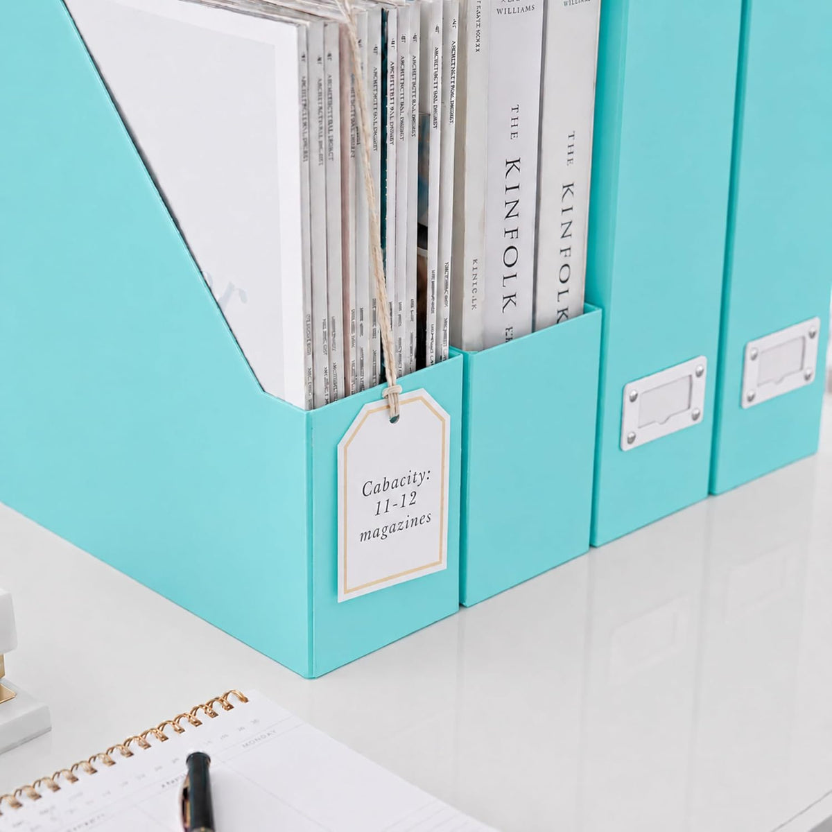 Set of 6 Aqua Magazine File Holders | Foldable Magazine Storage Boxes with White Leather Label Holders | Vertical File Organizer for Desk, Shelves & Home Office