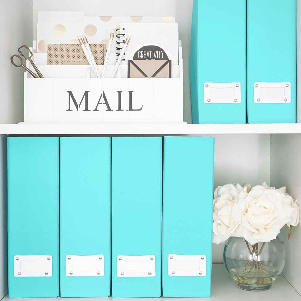 Set of 6 Aqua Magazine File Holders | Foldable Magazine Storage Boxes with White Leather Label Holders | Vertical File Organizer for Desk, Shelves & Home Office