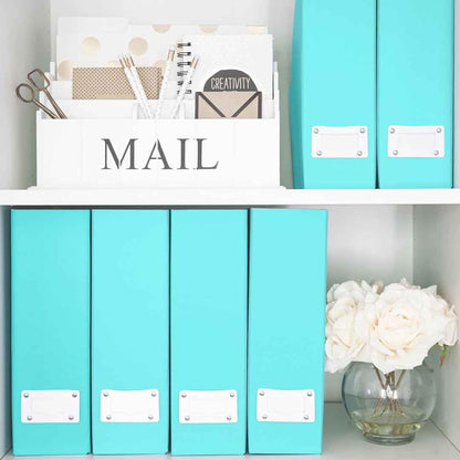 Set of 6 Aqua Magazine File Holders | Foldable Magazine Storage Boxes with White Leather Label Holders | Vertical File Organizer for Desk, Shelves & Home Office
