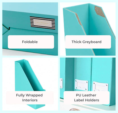 Set of 6 Aqua Magazine File Holders | Foldable Magazine Storage Boxes with White Leather Label Holders | Vertical File Organizer for Desk, Shelves & Home Office