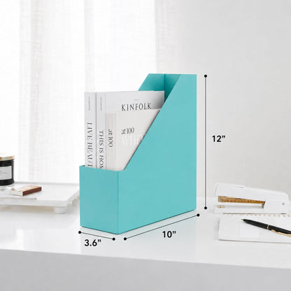 Set of 6 Aqua Magazine File Holders | Foldable Magazine Storage Boxes with White Leather Label Holders | Vertical File Organizer for Desk, Shelves & Home Office