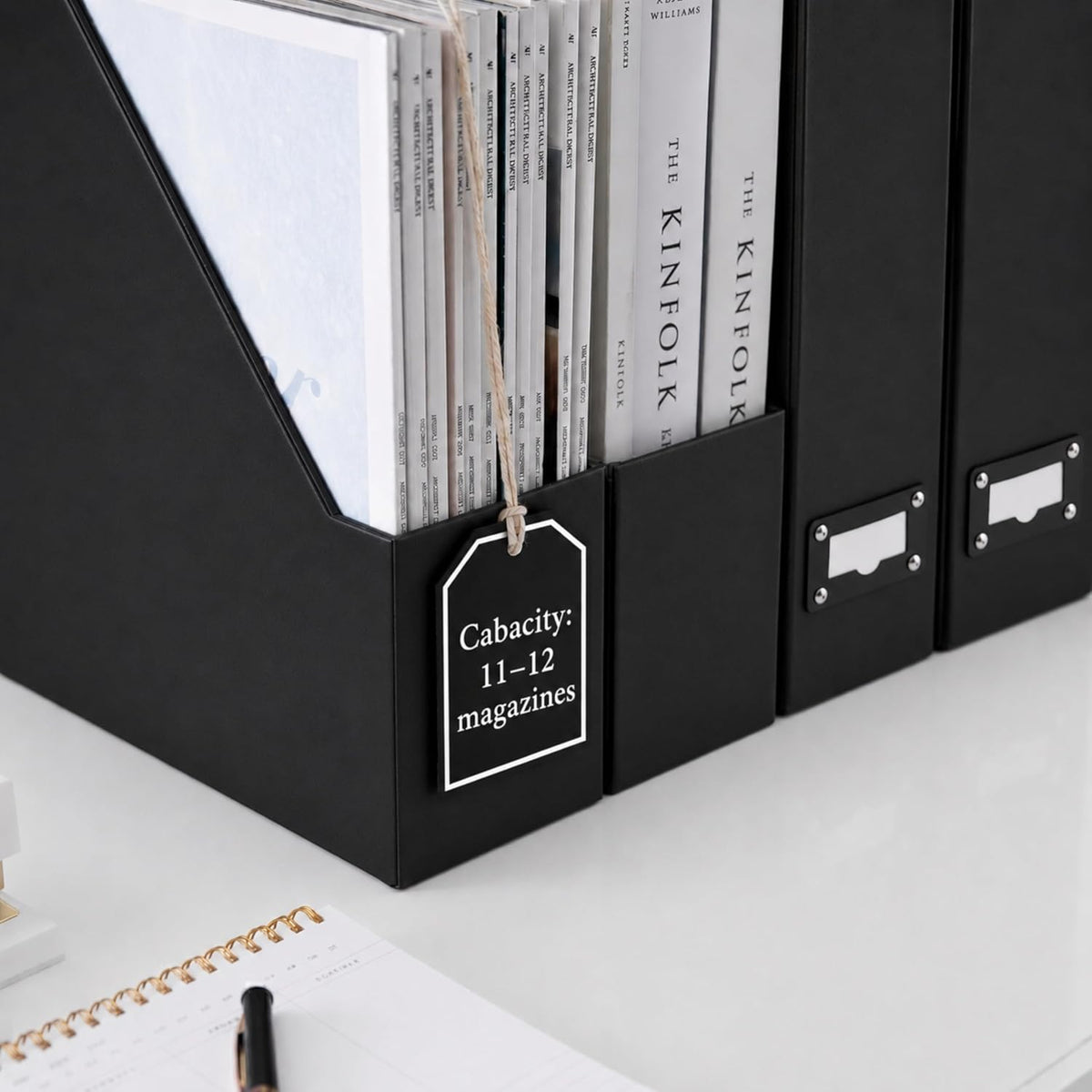 Set of 6 Aqua Magazine File Holders | Foldable Magazine Storage Boxes with White Leather Label Holders | Vertical File Organizer for Desk, Shelves & Home Office
