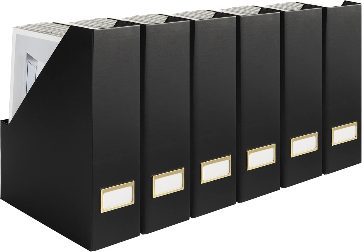 Set of 6 Aqua Magazine File Holders | Foldable Magazine Storage Boxes with White Leather Label Holders | Vertical File Organizer for Desk, Shelves & Home Office