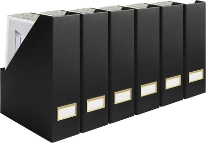 Set of 6 Aqua Magazine File Holders | Foldable Magazine Storage Boxes with White Leather Label Holders | Vertical File Organizer for Desk, Shelves & Home Office