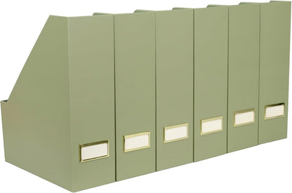 Set of 6 Aqua Magazine File Holders | Foldable Magazine Storage Boxes with White Leather Label Holders | Vertical File Organizer for Desk, Shelves & Home Office