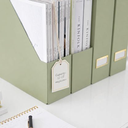 Set of 6 Aqua Magazine File Holders | Foldable Magazine Storage Boxes with White Leather Label Holders | Vertical File Organizer for Desk, Shelves & Home Office