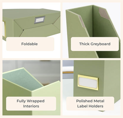 Set of 6 Aqua Magazine File Holders | Foldable Magazine Storage Boxes with White Leather Label Holders | Vertical File Organizer for Desk, Shelves & Home Office