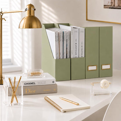 Set of 6 Aqua Magazine File Holders | Foldable Magazine Storage Boxes with White Leather Label Holders | Vertical File Organizer for Desk, Shelves & Home Office