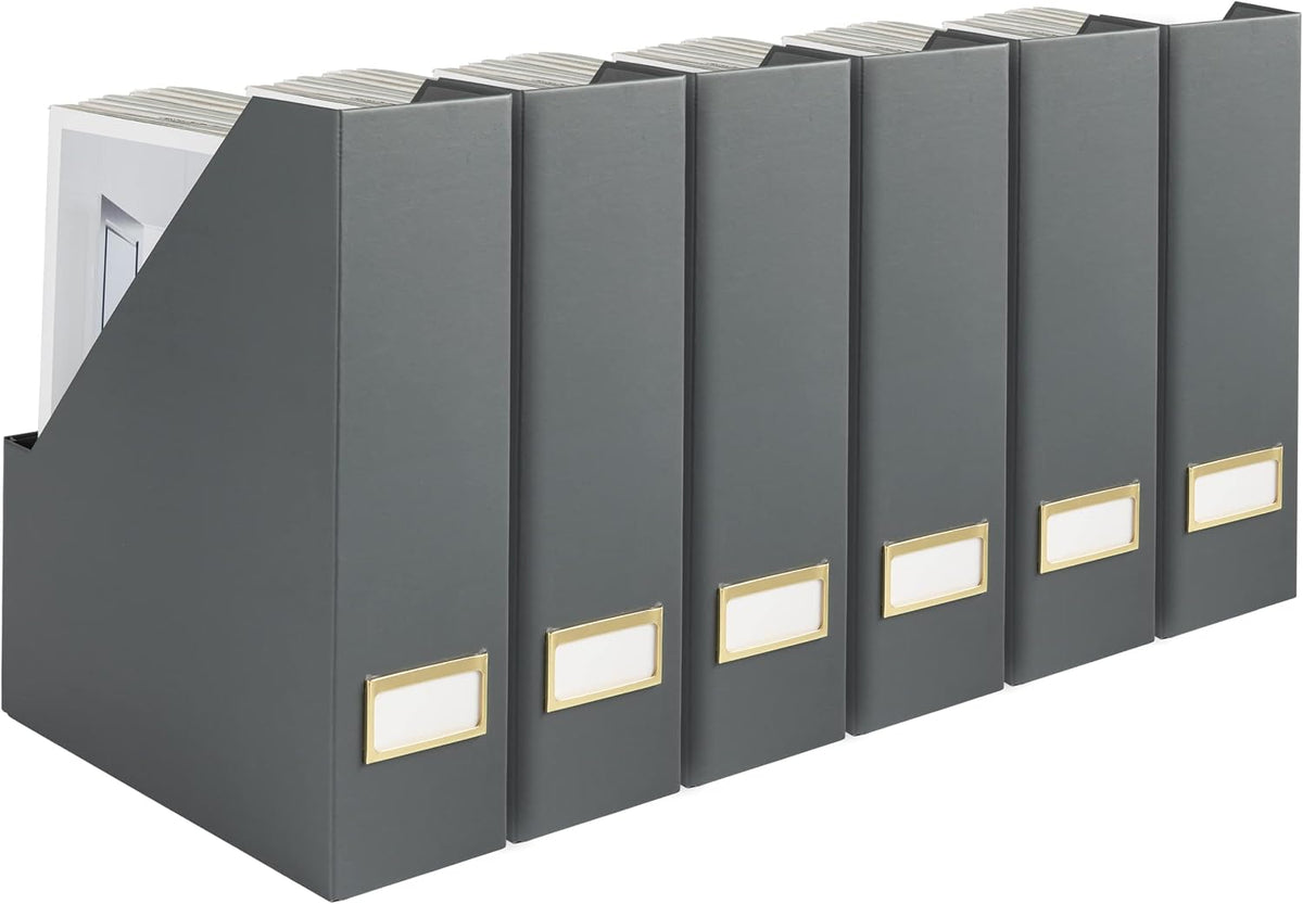 Set of 6 Aqua Magazine File Holders | Foldable Magazine Storage Boxes with White Leather Label Holders | Vertical File Organizer for Desk, Shelves & Home Office
