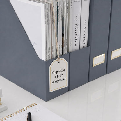 Set of 6 Aqua Magazine File Holders | Foldable Magazine Storage Boxes with White Leather Label Holders | Vertical File Organizer for Desk, Shelves & Home Office