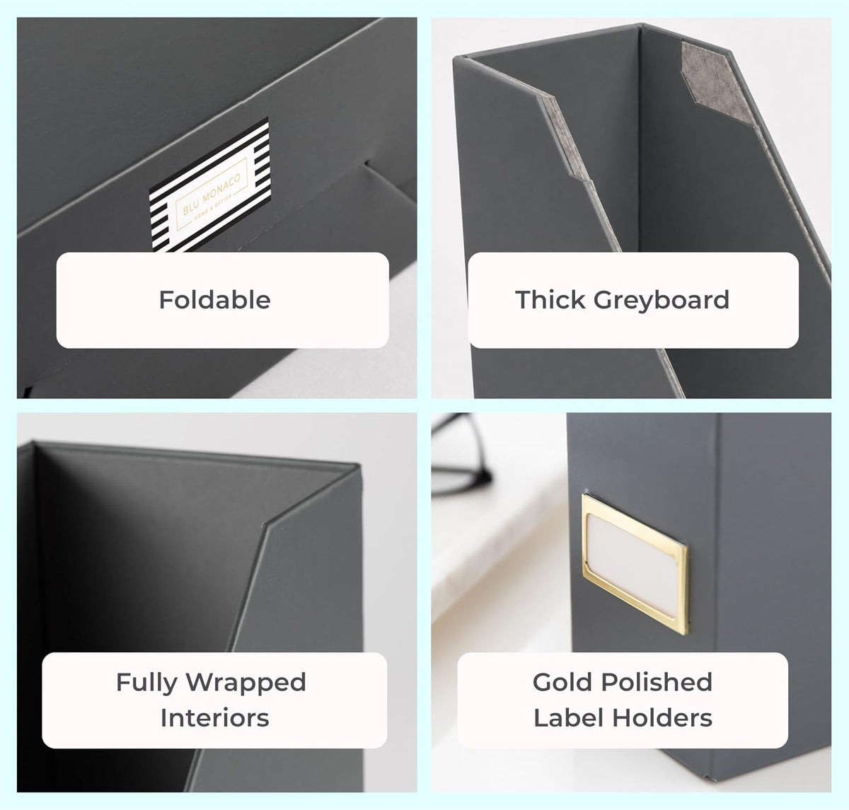 Set of 6 Aqua Magazine File Holders | Foldable Magazine Storage Boxes with White Leather Label Holders | Vertical File Organizer for Desk, Shelves & Home Office