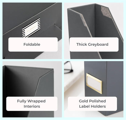 Set of 6 Aqua Magazine File Holders | Foldable Magazine Storage Boxes with White Leather Label Holders | Vertical File Organizer for Desk, Shelves & Home Office