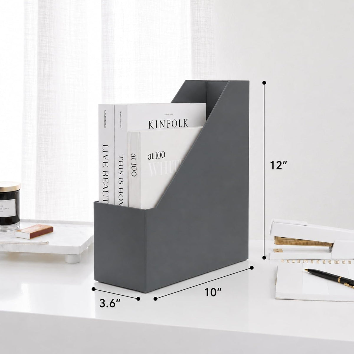 Set of 6 Aqua Magazine File Holders | Foldable Magazine Storage Boxes with White Leather Label Holders | Vertical File Organizer for Desk, Shelves & Home Office