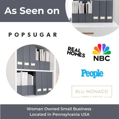 Set of 6 Aqua Magazine File Holders | Foldable Magazine Storage Boxes with White Leather Label Holders | Vertical File Organizer for Desk, Shelves & Home Office