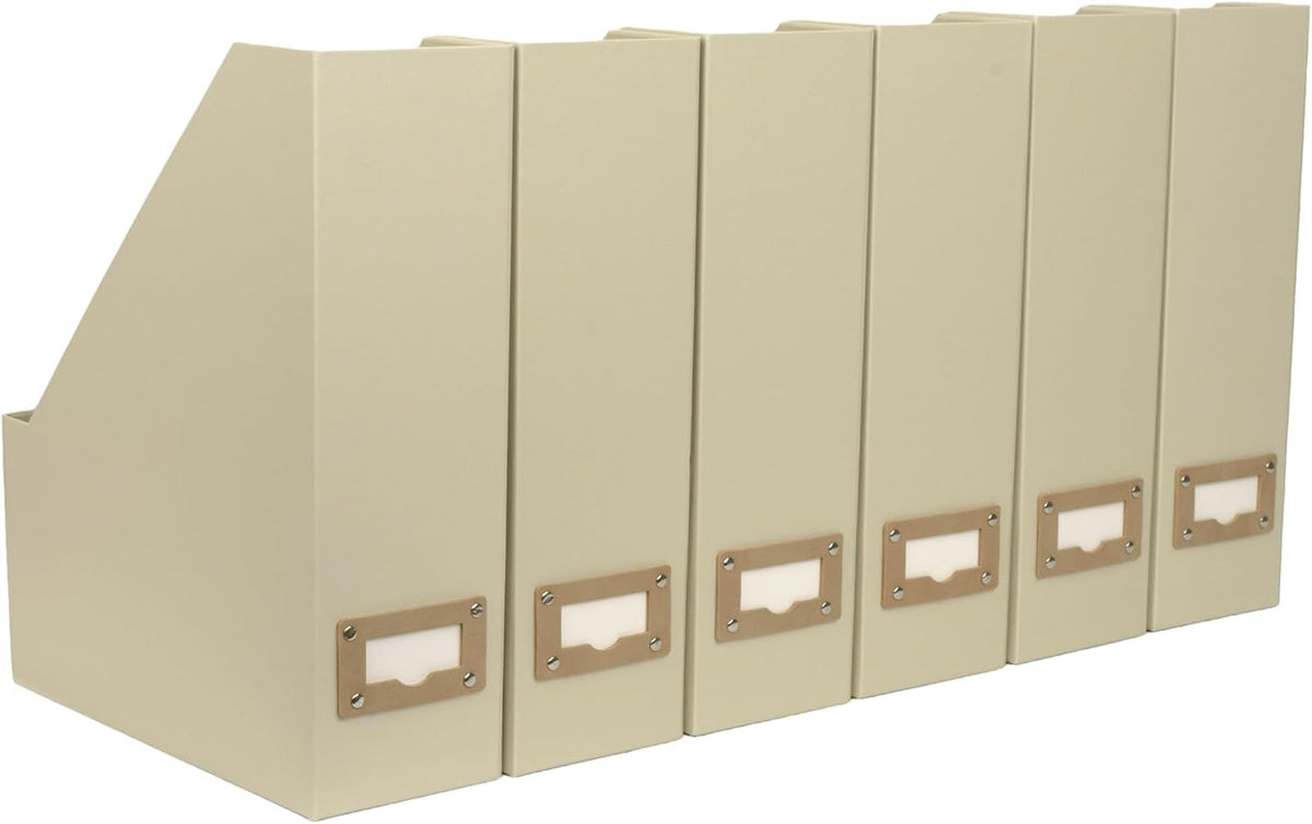 Set of 6 Aqua Magazine File Holders | Foldable Magazine Storage Boxes with White Leather Label Holders | Vertical File Organizer for Desk, Shelves & Home Office