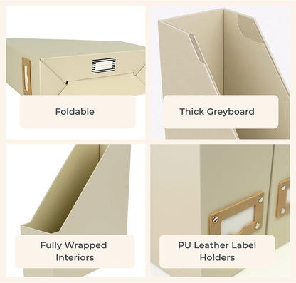 Set of 6 Aqua Magazine File Holders | Foldable Magazine Storage Boxes with White Leather Label Holders | Vertical File Organizer for Desk, Shelves & Home Office