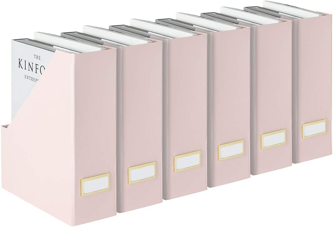 Set of 6 Aqua Magazine File Holders | Foldable Magazine Storage Boxes with White Leather Label Holders | Vertical File Organizer for Desk, Shelves & Home Office