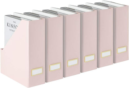 Set of 6 Aqua Magazine File Holders | Foldable Magazine Storage Boxes with White Leather Label Holders | Vertical File Organizer for Desk, Shelves & Home Office