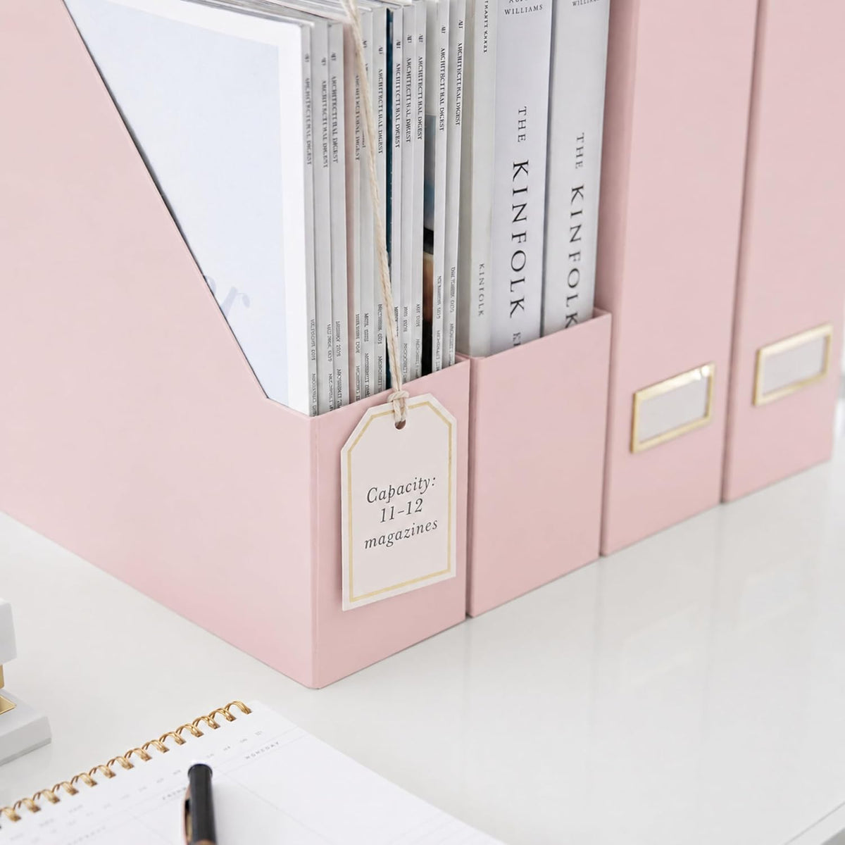 Set of 6 Aqua Magazine File Holders | Foldable Magazine Storage Boxes with White Leather Label Holders | Vertical File Organizer for Desk, Shelves & Home Office