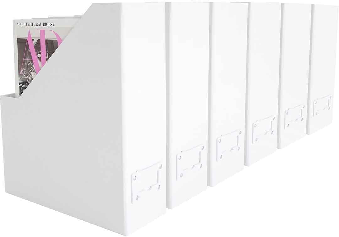 Set of 6 Aqua Magazine File Holders | Foldable Magazine Storage Boxes with White Leather Label Holders | Vertical File Organizer for Desk, Shelves & Home Office