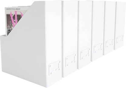 Set of 6 Aqua Magazine File Holders | Foldable Magazine Storage Boxes with White Leather Label Holders | Vertical File Organizer for Desk, Shelves & Home Office