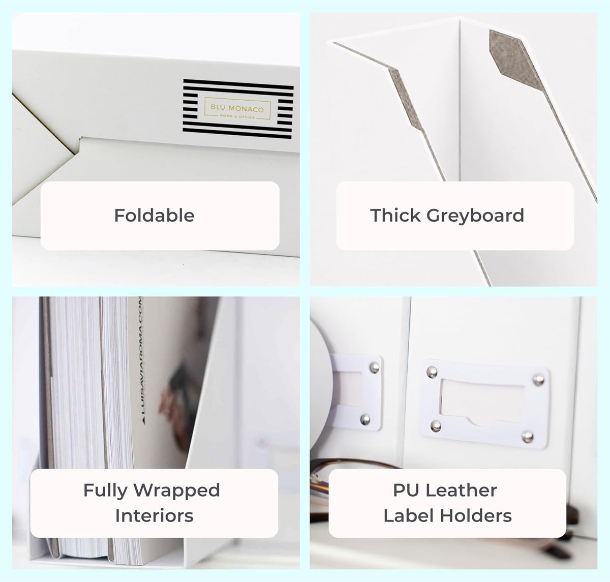 Set of 6 Aqua Magazine File Holders | Foldable Magazine Storage Boxes with White Leather Label Holders | Vertical File Organizer for Desk, Shelves & Home Office