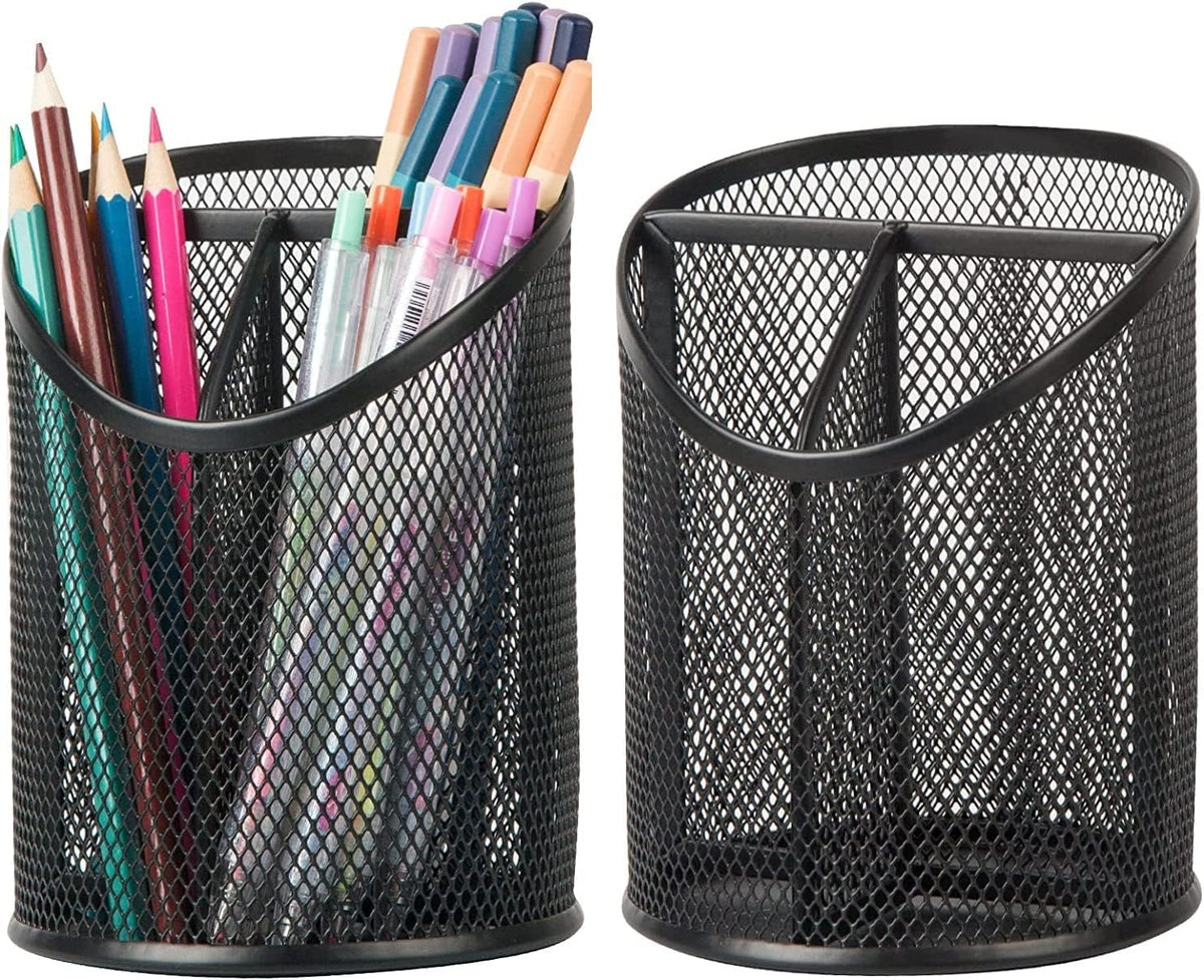 2 Pack Pen Holder Mesh Round Pencil Holder 3 Compartments, Black