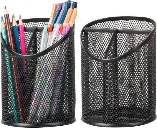 2 Pack Pen Holder Mesh Round Pencil Holder 3 Compartments, Black