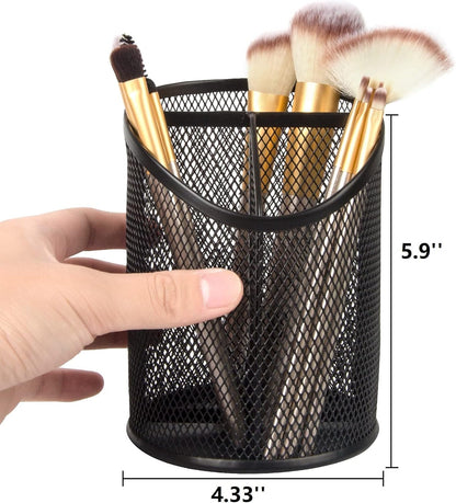 2 Pack Pen Holder Mesh Round Pencil Holder 3 Compartments, Black