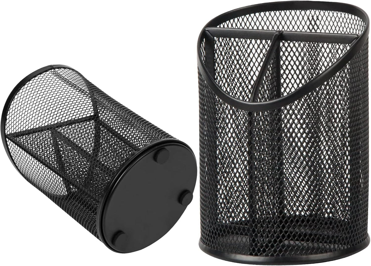 2 Pack Pen Holder Mesh Round Pencil Holder 3 Compartments, Black