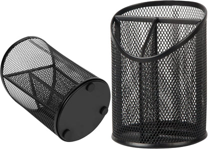 2 Pack Pen Holder Mesh Round Pencil Holder 3 Compartments, Black