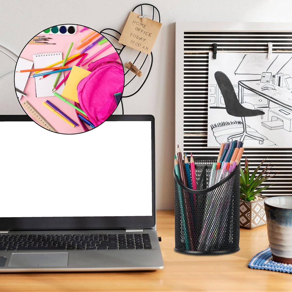 2 Pack Pen Holder Mesh Round Pencil Holder 3 Compartments, Black